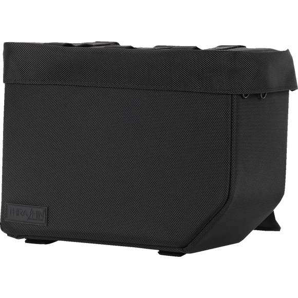 Thrashin Supply Co. Escape Base Saddlebags 18-liter in black ballistic nylon with MOLLE lid points and hi-viz orange interior