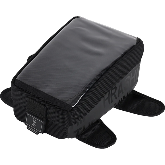 Thrashin Supply Co. 3.5L magnetic tank bag in black ballistic nylon on motorcycle steel gas tank