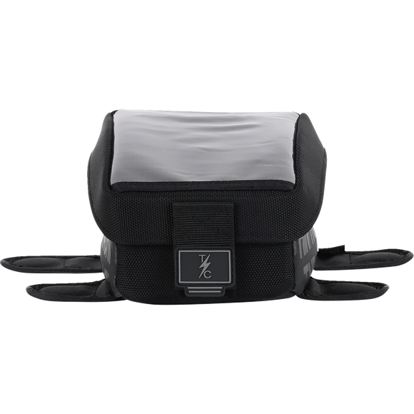 Thrashin Supply Co. 3.5L magnetic tank bag in black ballistic nylon on motorcycle steel gas tank
