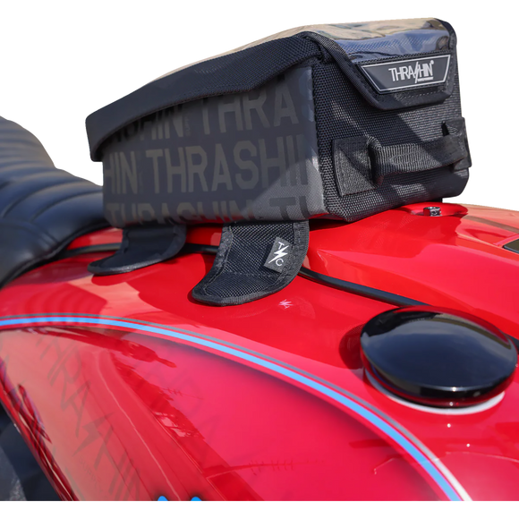 Thrashin Supply Co. 3.5L magnetic tank bag in black ballistic nylon on motorcycle steel gas tank