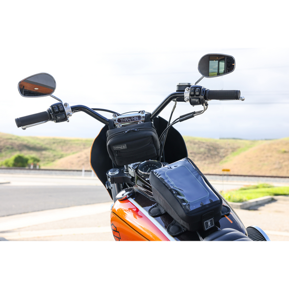 Thrashin Supply Co. 3.5L magnetic tank bag in black ballistic nylon on motorcycle steel gas tank