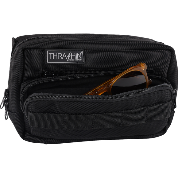Thrashin Supply Co. Handlebar Bag Plus expanded storage in ballistic nylon with microfiber eyewear pocket mounted to Harley-Davidson handlebars