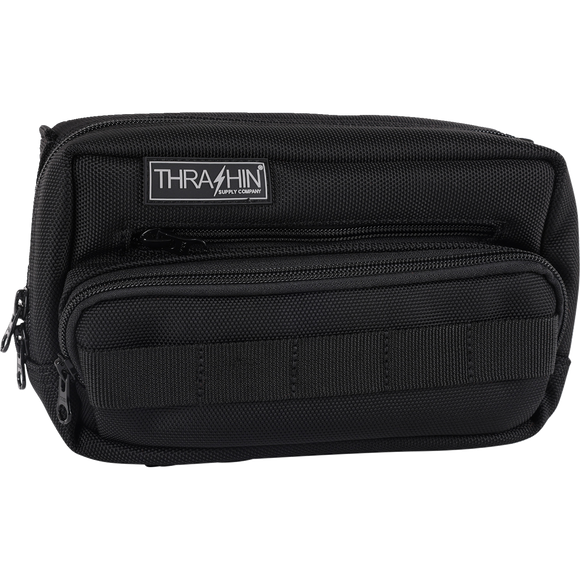 Thrashin Supply Co. Handlebar Bag Plus expanded storage in ballistic nylon with microfiber eyewear pocket mounted to Harley-Davidson handlebars