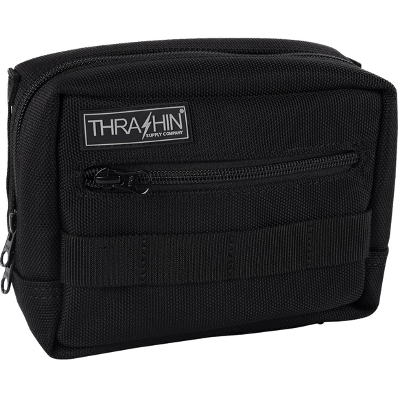 Thrashin Supply Co. ballistic nylon handlebar bag with YKK zippers and quick-attach straps mounted on Harley-Davidson handlebars