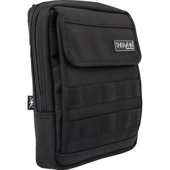 Thrashin Supply Co. Slim Handlebar Bag in black ballistic nylon mounted between fairing and gas tank on Harley-Davidson