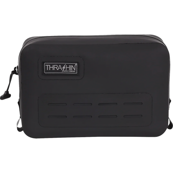 Thrashin Supply Co. THB-0021 black waterproof handlebar bag with MOLLE webbing and airtight zipper, 3-liter capacity for motorcycle riser mounting
