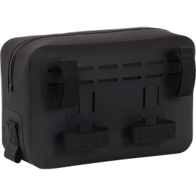Thrashin Supply Co. THB-0021 black waterproof handlebar bag with MOLLE webbing and airtight zipper, 3-liter capacity for motorcycle riser mounting