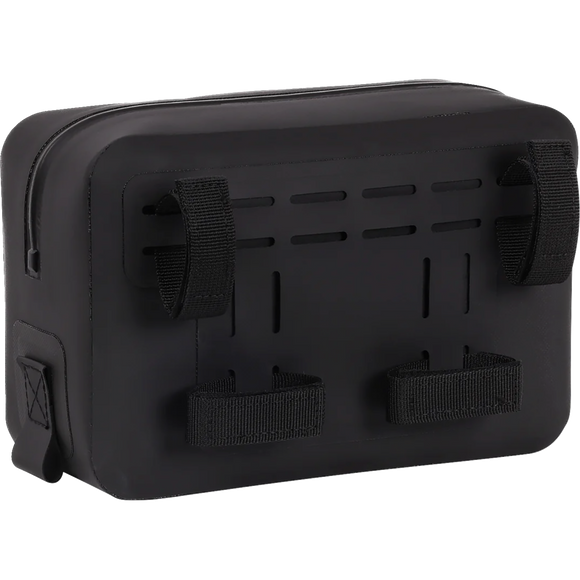 Thrashin Supply Co. THB-0021 black waterproof handlebar bag with MOLLE webbing and airtight zipper, 3-liter capacity for motorcycle riser mounting