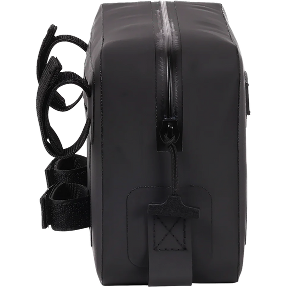 Thrashin Supply Co. THB-0021 black waterproof handlebar bag with MOLLE webbing and airtight zipper, 3-liter capacity for motorcycle riser mounting
