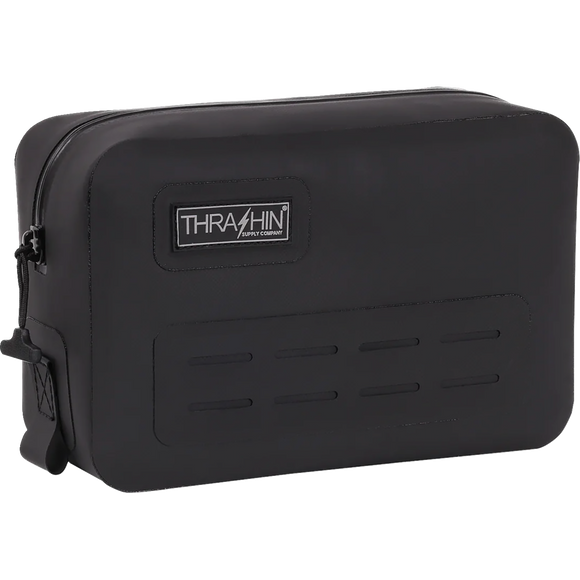 Thrashin Supply Co. THB-0021 black waterproof handlebar bag with MOLLE webbing and airtight zipper, 3-liter capacity for motorcycle riser mounting