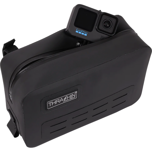 Thrashin Supply Co. THB-0021 black waterproof handlebar bag with MOLLE webbing and airtight zipper, 3-liter capacity for motorcycle riser mounting
