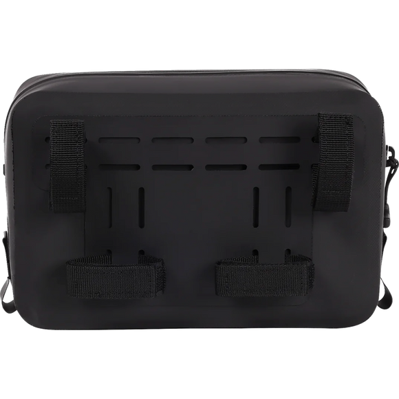 Thrashin Supply Co. THB-0021 black waterproof handlebar bag with MOLLE webbing and airtight zipper, 3-liter capacity for motorcycle riser mounting