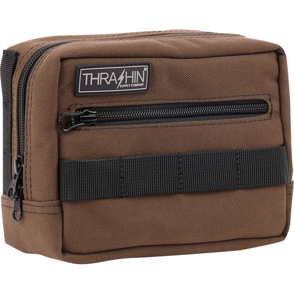 Thrashin Supply Co. ballistic nylon handlebar bag with YKK zippers and quick-attach straps mounted on Harley-Davidson handlebars