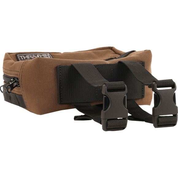Thrashin Supply Co. ballistic nylon handlebar bag with YKK zippers and quick-attach straps mounted on Harley-Davidson handlebars