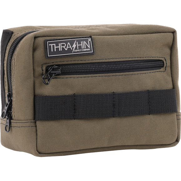 Thrashin Supply Co. ballistic nylon handlebar bag with YKK zippers and quick-attach straps mounted on Harley-Davidson handlebars