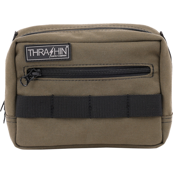 Thrashin Supply Co. ballistic nylon handlebar bag with YKK zippers and quick-attach straps mounted on Harley-Davidson handlebars