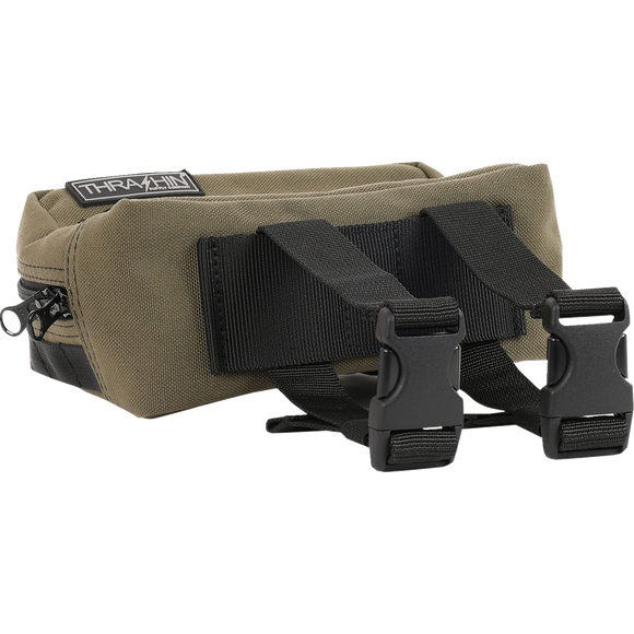 Thrashin Supply Co. ballistic nylon handlebar bag with YKK zippers and quick-attach straps mounted on Harley-Davidson handlebars