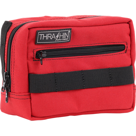 Thrashin Supply Co. ballistic nylon handlebar bag with YKK zippers and quick-attach straps mounted on Harley-Davidson handlebars