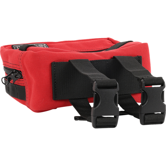 Thrashin Supply Co. ballistic nylon handlebar bag with YKK zippers and quick-attach straps mounted on Harley-Davidson handlebars
