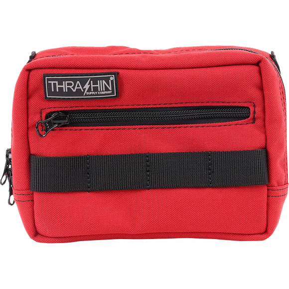 Thrashin Supply Co. ballistic nylon handlebar bag with YKK zippers and quick-attach straps mounted on Harley-Davidson handlebars