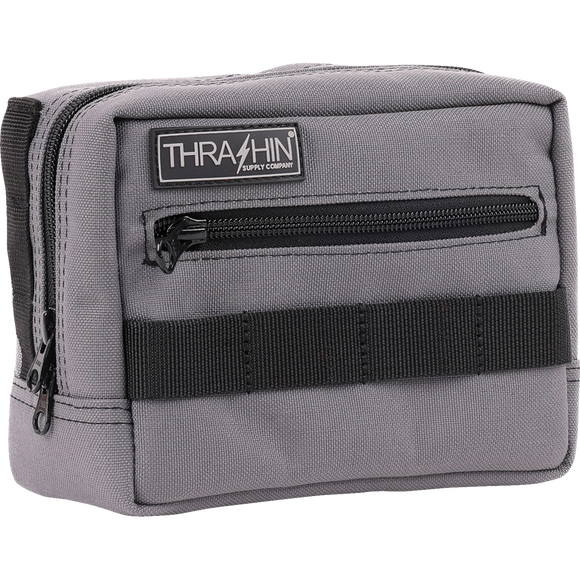 Thrashin Supply Co. ballistic nylon handlebar bag with YKK zippers and quick-attach straps mounted on Harley-Davidson handlebars