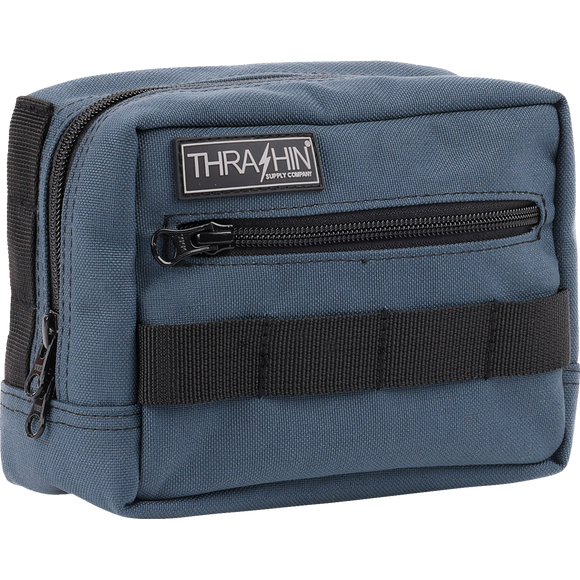 Thrashin Supply Co. ballistic nylon handlebar bag with YKK zippers and quick-attach straps mounted on Harley-Davidson handlebars