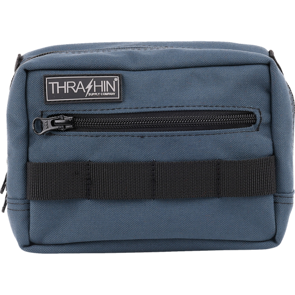Thrashin Supply Co. ballistic nylon handlebar bag with YKK zippers and quick-attach straps mounted on Harley-Davidson handlebars