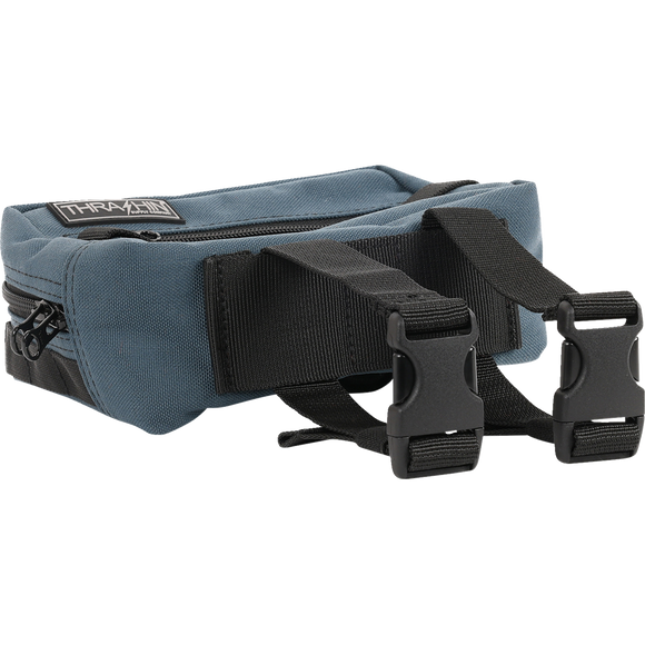 Thrashin Supply Co. ballistic nylon handlebar bag with YKK zippers and quick-attach straps mounted on Harley-Davidson handlebars