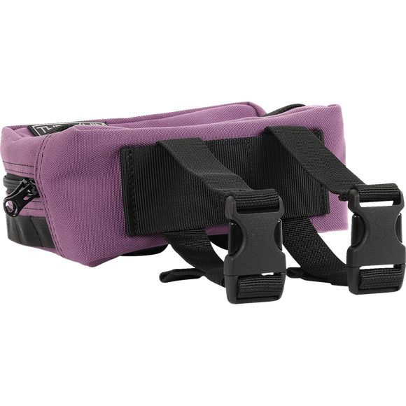 Thrashin Supply Co. ballistic nylon handlebar bag with YKK zippers and quick-attach straps mounted on Harley-Davidson handlebars