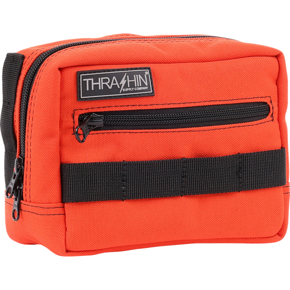 Thrashin Supply Co. ballistic nylon handlebar bag with YKK zippers and quick-attach straps mounted on Harley-Davidson handlebars