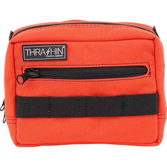 Thrashin Supply Co. ballistic nylon handlebar bag with YKK zippers and quick-attach straps mounted on Harley-Davidson handlebars