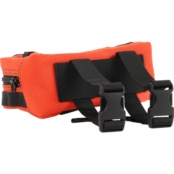 Thrashin Supply Co. ballistic nylon handlebar bag with YKK zippers and quick-attach straps mounted on Harley-Davidson handlebars