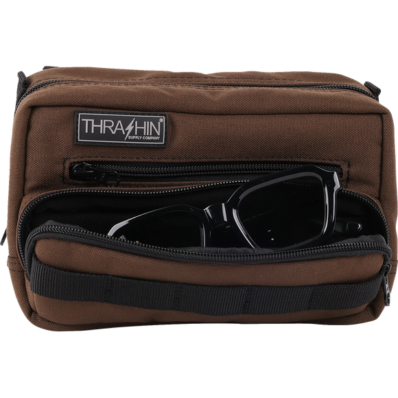 Thrashin Supply Co. Handlebar Bag Plus expanded storage in ballistic nylon with microfiber eyewear pocket mounted to Harley-Davidson handlebars
