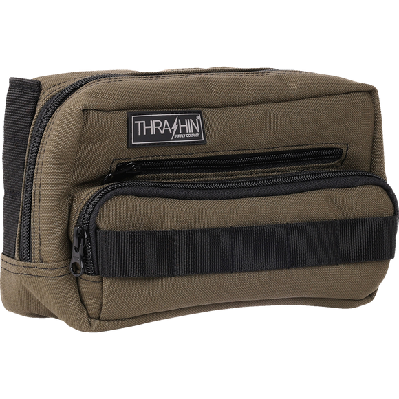 Thrashin Supply Co. Handlebar Bag Plus expanded storage in ballistic nylon with microfiber eyewear pocket mounted to Harley-Davidson handlebars