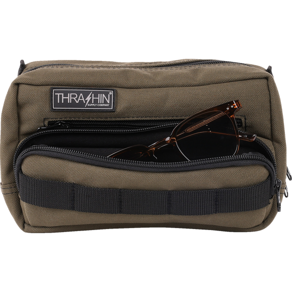 Thrashin Supply Co. Handlebar Bag Plus expanded storage in ballistic nylon with microfiber eyewear pocket mounted to Harley-Davidson handlebars