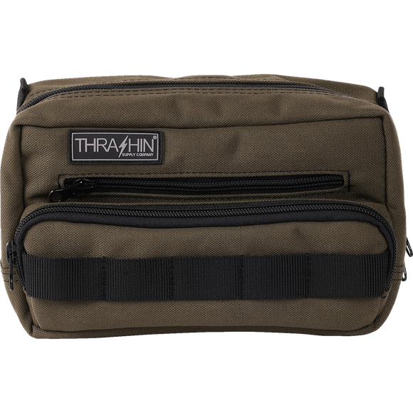 Thrashin Supply Co. Handlebar Bag Plus expanded storage in ballistic nylon with microfiber eyewear pocket mounted to Harley-Davidson handlebars