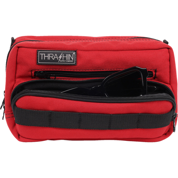 Thrashin Supply Co. Handlebar Bag Plus expanded storage in ballistic nylon with microfiber eyewear pocket mounted to Harley-Davidson handlebars
