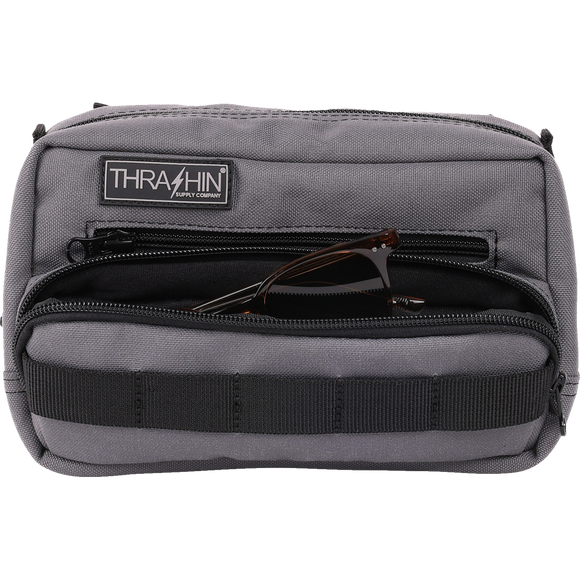 Thrashin Supply Co. Handlebar Bag Plus expanded storage in ballistic nylon with microfiber eyewear pocket mounted to Harley-Davidson handlebars
