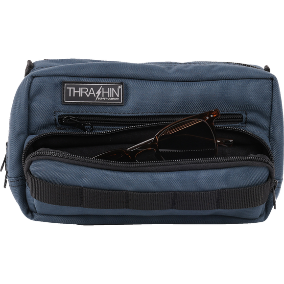 Thrashin Supply Co. Handlebar Bag Plus expanded storage in ballistic nylon with microfiber eyewear pocket mounted to Harley-Davidson handlebars
