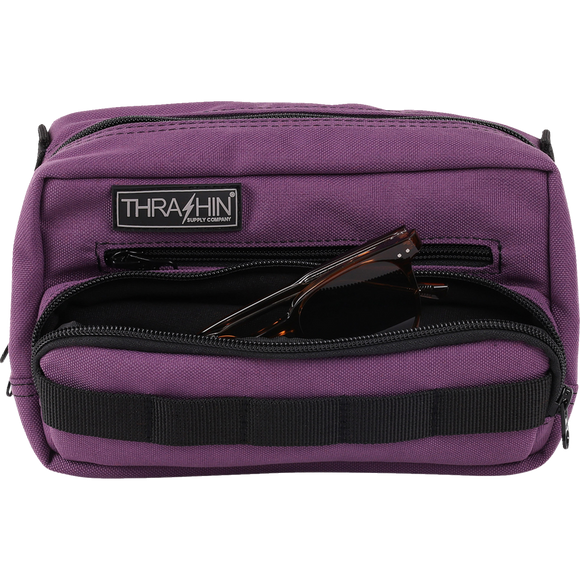 Thrashin Supply Co. Handlebar Bag Plus expanded storage in ballistic nylon with microfiber eyewear pocket mounted to Harley-Davidson handlebars