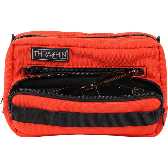 Thrashin Supply Co. Handlebar Bag Plus expanded storage in ballistic nylon with microfiber eyewear pocket mounted to Harley-Davidson handlebars