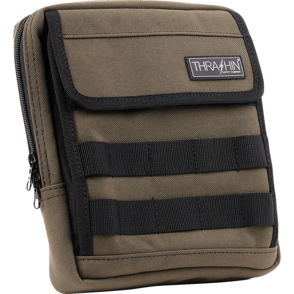 Thrashin Supply Co. Slim Handlebar Bag in black ballistic nylon mounted between fairing and gas tank on Harley-Davidson