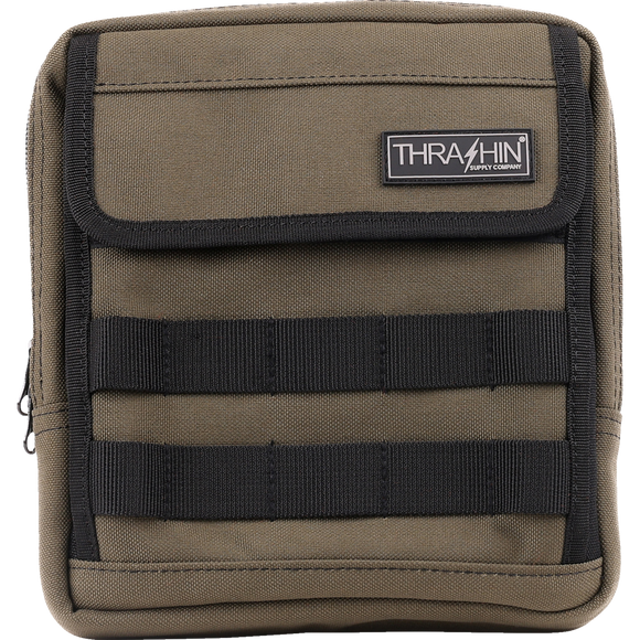 Thrashin Supply Co. Slim Handlebar Bag in black ballistic nylon mounted between fairing and gas tank on Harley-Davidson