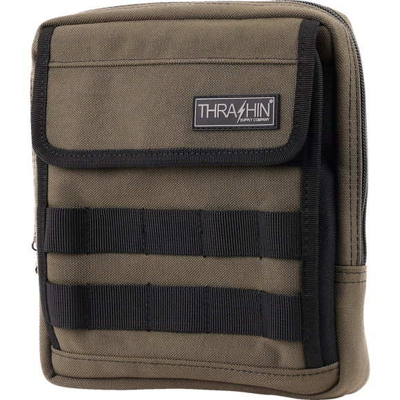 Thrashin Supply Co. Slim Handlebar Bag in black ballistic nylon mounted between fairing and gas tank on Harley-Davidson