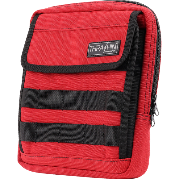 Thrashin Supply Co. Slim Handlebar Bag in black ballistic nylon mounted between fairing and gas tank on Harley-Davidson