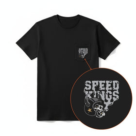 Black t-shirt with 'Speed Kings' graphic design on a white background