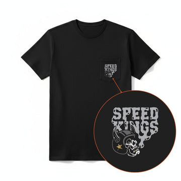 Black t-shirt with 'Speed Kings' graphic design on a white background