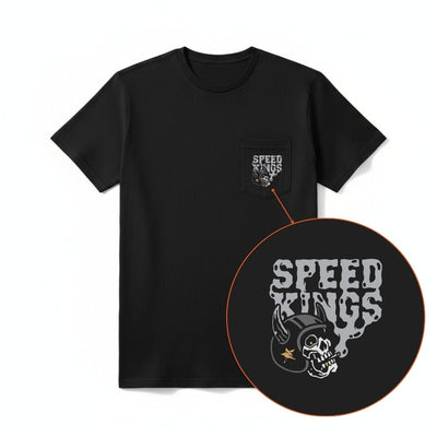 Black t-shirt with 'Speed Kings' graphic design on a white background