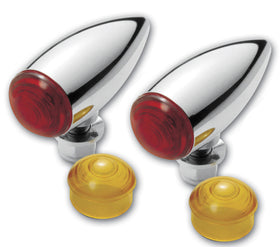 Pair chrome bullet turn signals 3-inch with red lenses and two amber spares for Harley-Davidson & metric cruisers