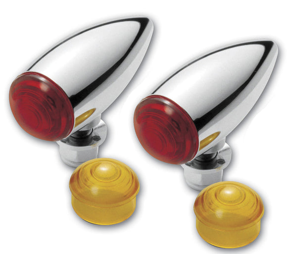 Pair chrome bullet turn signals 3-inch with red lenses and two amber spares for Harley-Davidson & metric cruisers